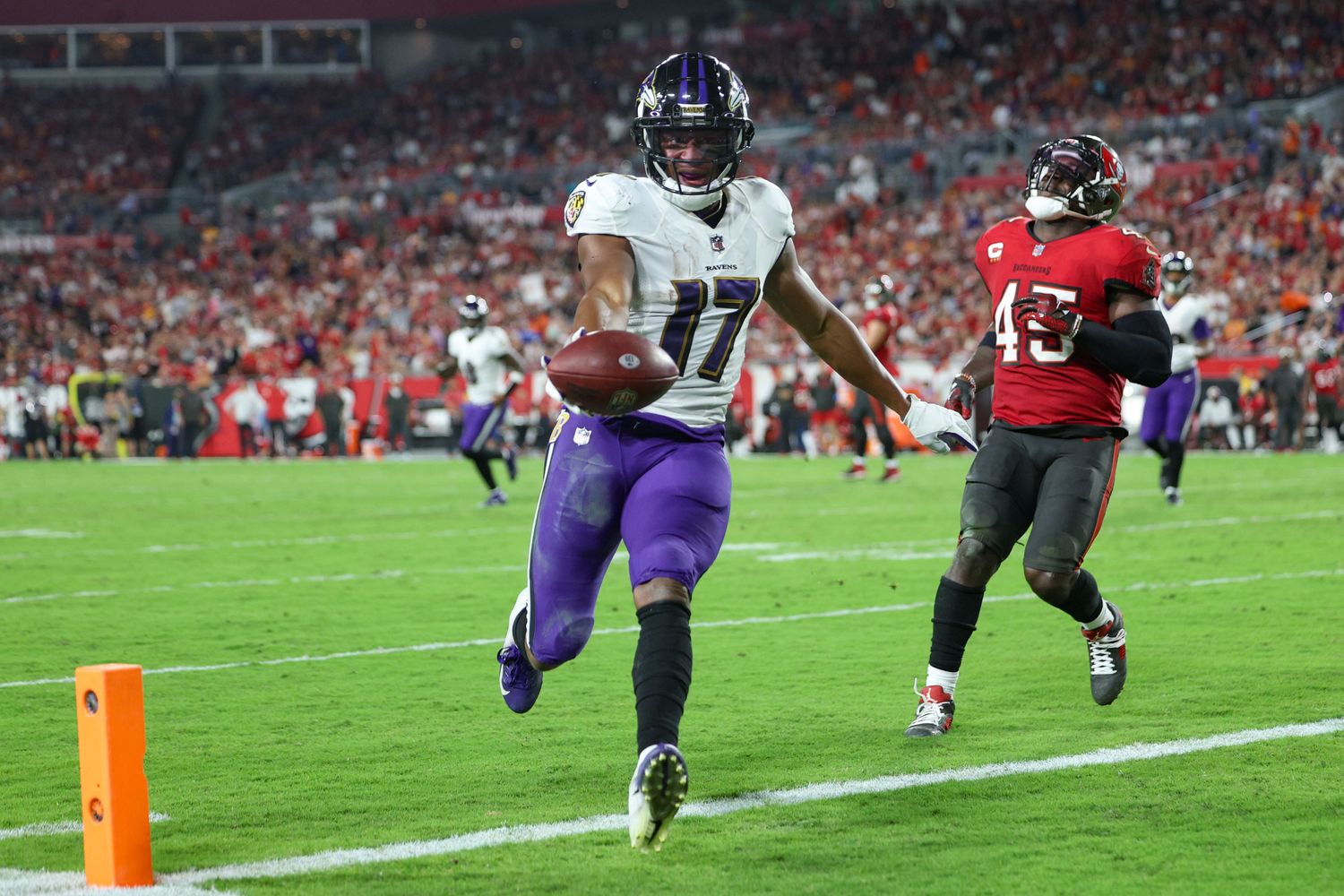 Oct 27, 2022; Tampa, Florida, USA; Baltimore Ravens running back Kenyan Drake (17) scores a touchdown against the Tampa Bay Buccaneers in the third quarter at Raymond James Stadium. Mandatory Credit: Nathan Ray Seebeck-USA TODAY Sports  